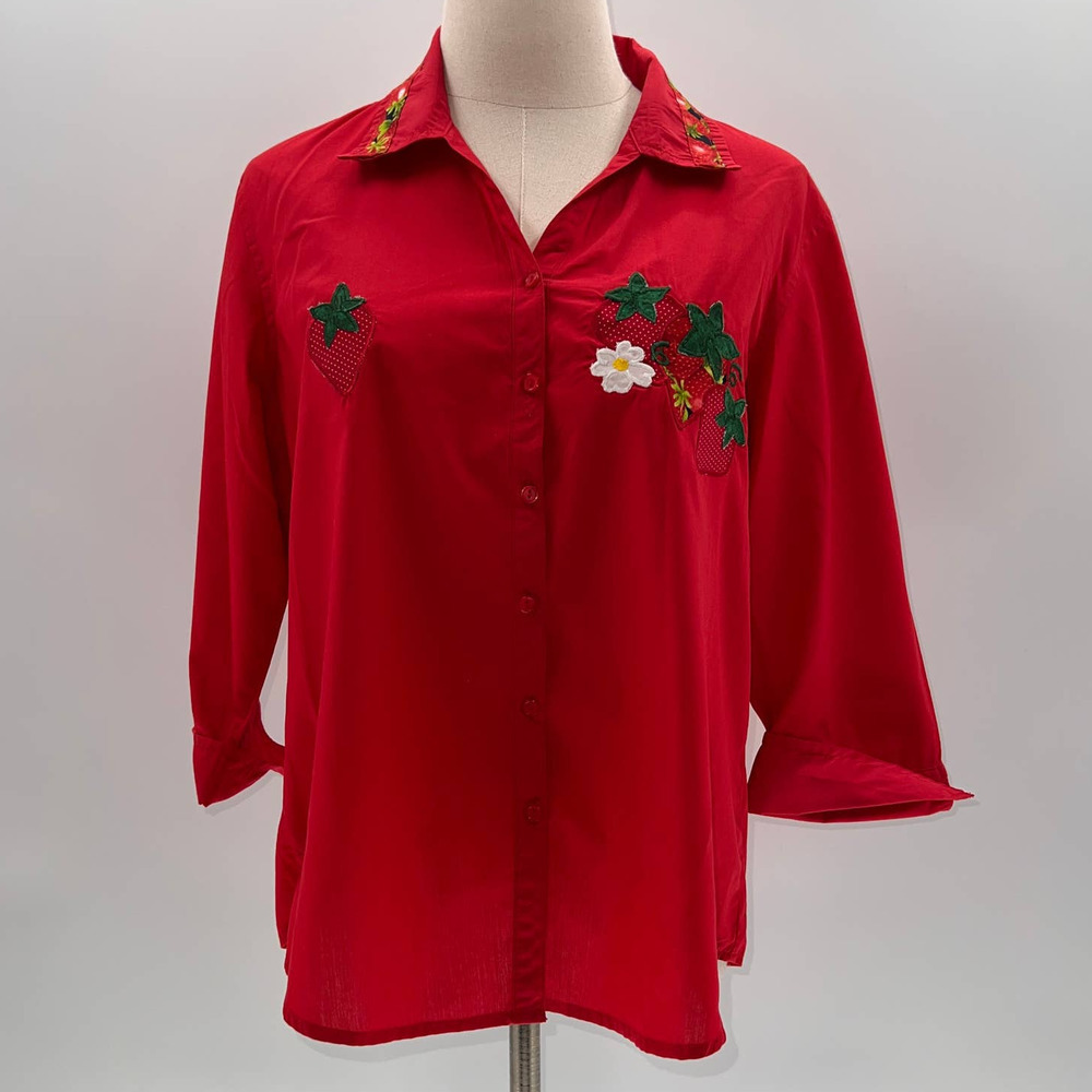 Isaac's Design Red/Strawberry Stitched 3/4 Sleeve Button Down Shirt- M